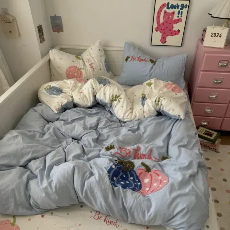 简约雾霾蓝波点南瓜毛巾绣四件套