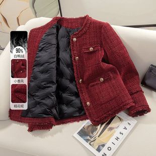 时尚 韩版 百搭单排扣粗花呢上衣 新款 羽绒服小香风外套女2024秋冬季