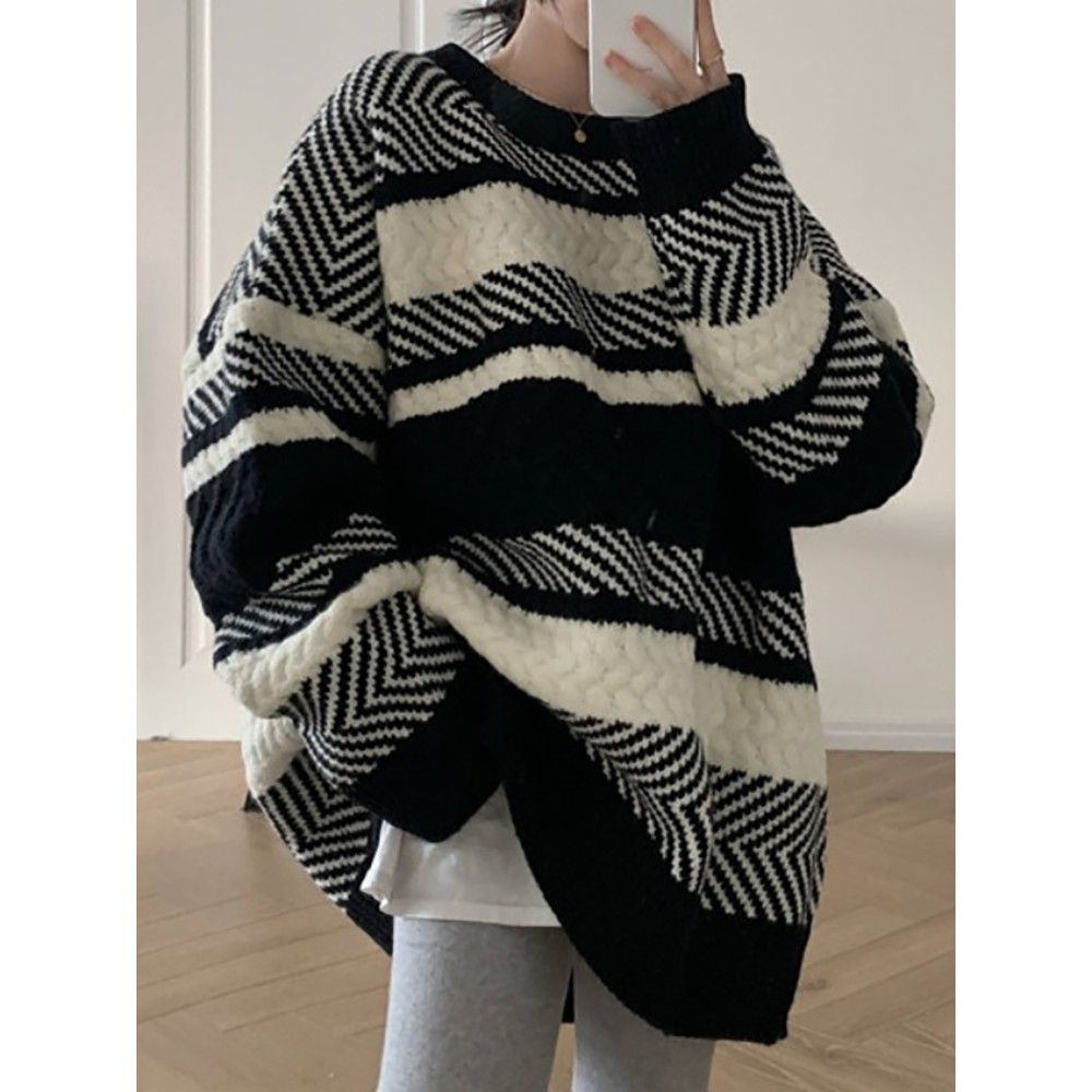 中长款条纹毛衣女秋冬宽