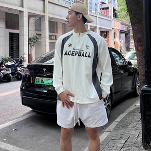 美式复古足球服卫衣潮牌撞色橄榄球外套圆领半拉链重磅拼接卫衣男