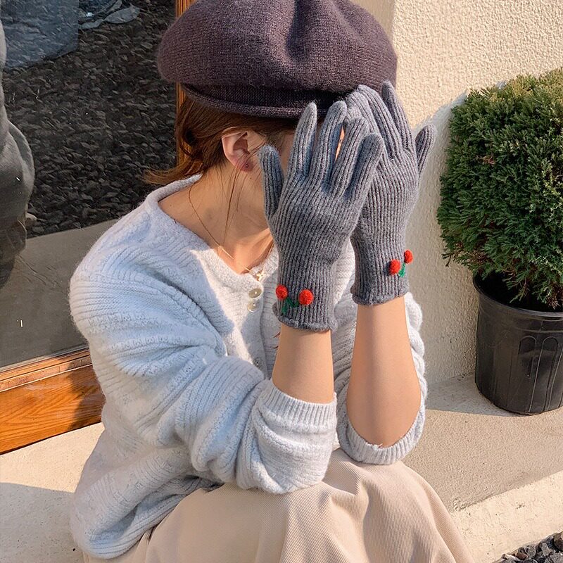 韩系高颜值可爱甜美樱桃荷叶边冬手套
