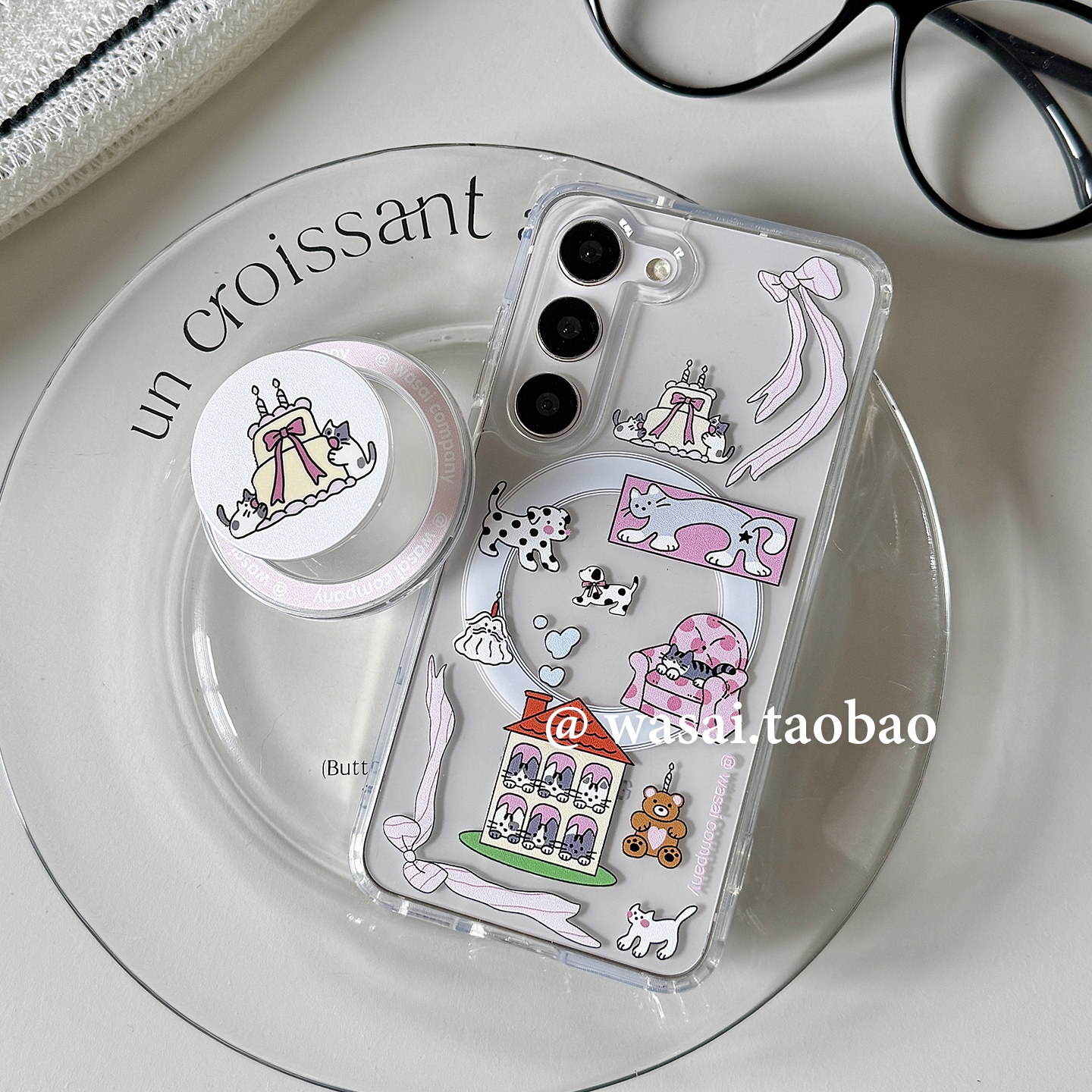 WASAI哇噻 韩国ins小众设计可爱蝴蝶结猫猫狗狗适用三星s23ultra手机壳s24磁吸支架s25ultra新款透明防摔s22+