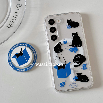 WASAI哇噻 韩国ins小众设计个性黑猫插画适用三星s23ultra手机壳s24磁吸支架s25ultra新款透明全包防摔女s22+