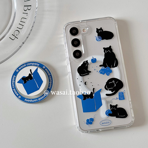 WASAI哇噻 韩国ins小众设计个性黑猫插画适用三星s23ultra手机壳s24磁吸支架s25ultra新款透明全包防摔女s22+