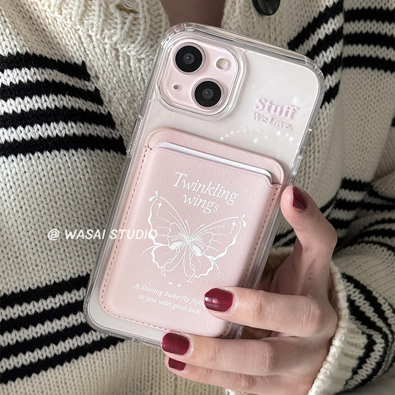 WASAI哇噻 韩国ins风小众设计线条蝴蝶磁吸卡包皮革适用iphone15苹果14手机壳13promax新款透明亚克力11/12女