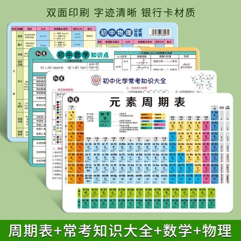 初中化学元素周期表数学物理知识化学方程式大全数理化公式卡PJ