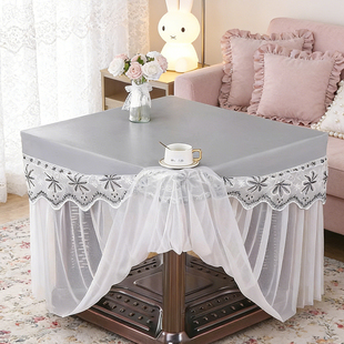 四季 防水免洗桌布正方形蕾丝花边防滑现代风茶几八仙桌防尘罩 薄款
