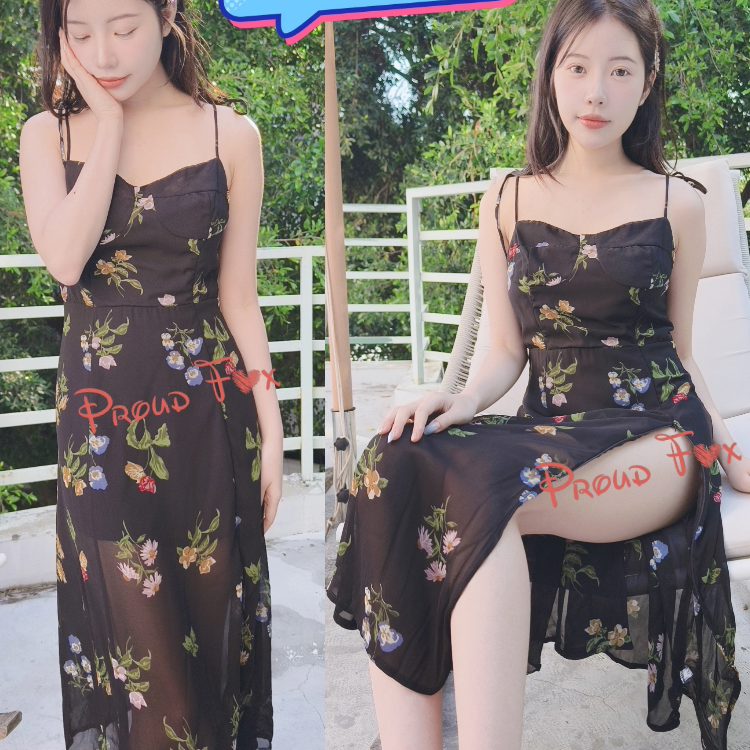 proudfox她秘露小出吊带性感气质修身透视碎花开叉夜店技师连衣裙
