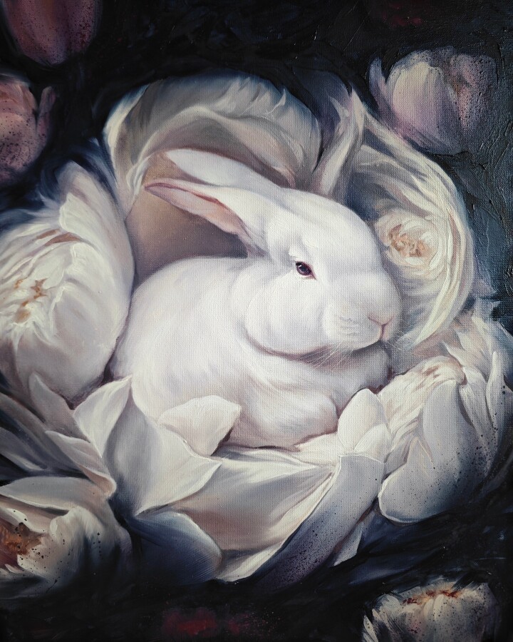 俄罗斯画家Natasha.《盛开宁静花朵中的玉兔》限量收藏级复刻油画