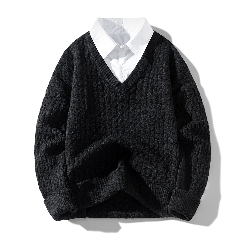 2025新款春秋季休闲毛衣翻领情侣款学生潮流针织衫男士宽松上衣