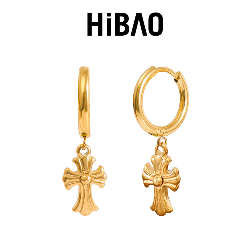 HIBAO喜小宝哥特风k金十字架耳环