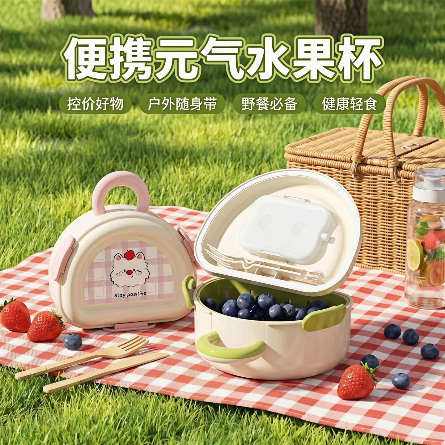 双层带冰格保鲜盒带叉沙拉水果杯图片