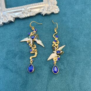 中古vintage真金电镀复古珐琅彩左右不对称个性仙鹤耳钉