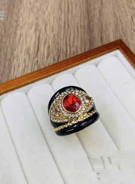 法式宫廷风黑色珐琅釉红宝石戒指 中古vintage设计感眼睛形指环