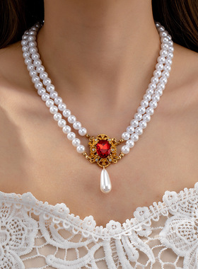 复古串珠赫本风琉璃珍珠镶钻红宝石项链水滴坠优雅礼服项链