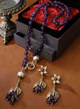 宫廷中古vintage复古气质紫色水晶天然石项链毛衣链耳饰套装