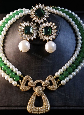 中古vintage重工宫廷风优雅气质绿玉髓多层珍珠项链耳钉胸针套装