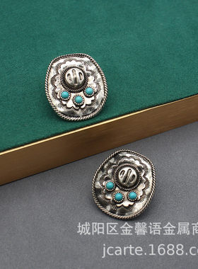 欧美夸张复古耳环迪克牛仔帽子耳环中古绿松石耳拍做旧风耳饰