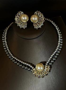 青岛中古项链女法式复古浪漫高级通勤款太阳花项链耳钉耳饰套装