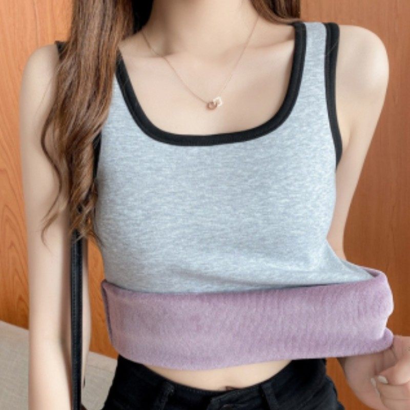 秋冬保暖背心吊带女加绒加厚修身内搭保暖衣圆领一体绒大码打底衫