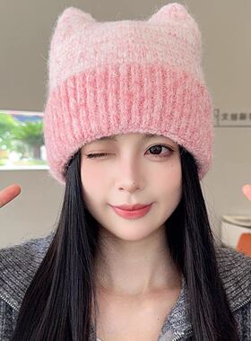 韩系猫耳针织帽女秋冬保暖大头围