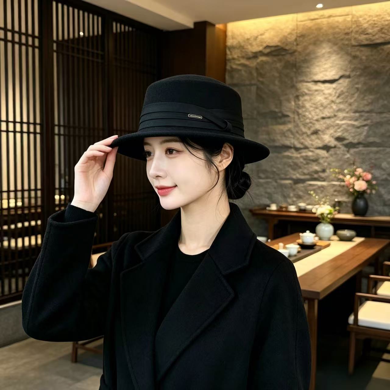 2026新款英伦毛呢平顶礼帽女款