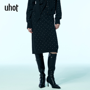 uhot 诱货深灰色金属烫钻羊毛直筒裙都市暖冬优雅松驰风UWWW2Q427