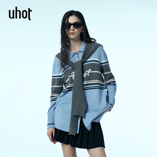 UWWW1Z110 可拆卸披肩休闲随性25新款 uhot 诱货蓝灰条纹拼色针织衫
