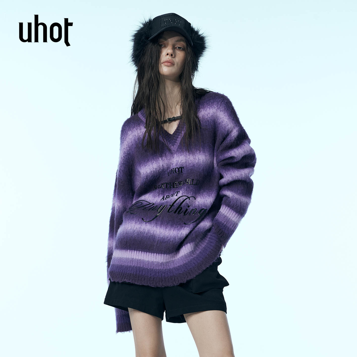 紫色宽松条纹拼色针织衫女