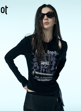 uhot/诱货黑色假两件印花上衣肩部镂空性感深冬辣妹穿搭UWWW2N121