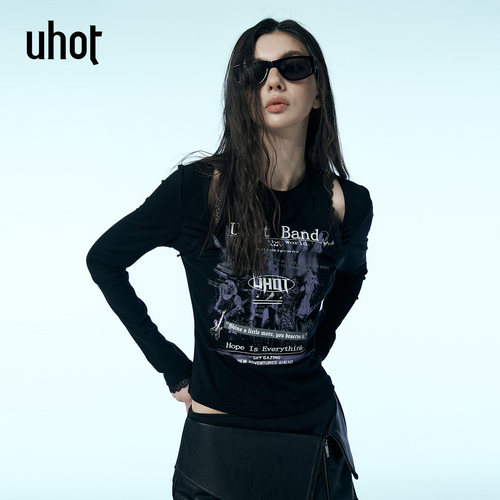 黑色假两件印花上衣肩部镂空性感