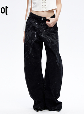 uhot/诱货26春黑色蝴蝶结烫钻牛仔弯刀裤女经典复古个性UWLS1K037