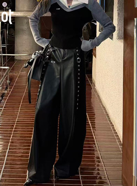 uhot/诱货黑色阔腿长裤机眼织带轻朋克风皮裤 配：围腰UWWW2K726M