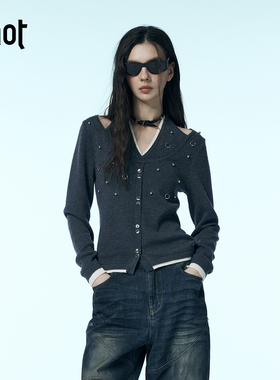 uhot/诱货灰色V领挂脖小衫钉珠长袖针织衫显瘦性感新款 UWWW1Z111