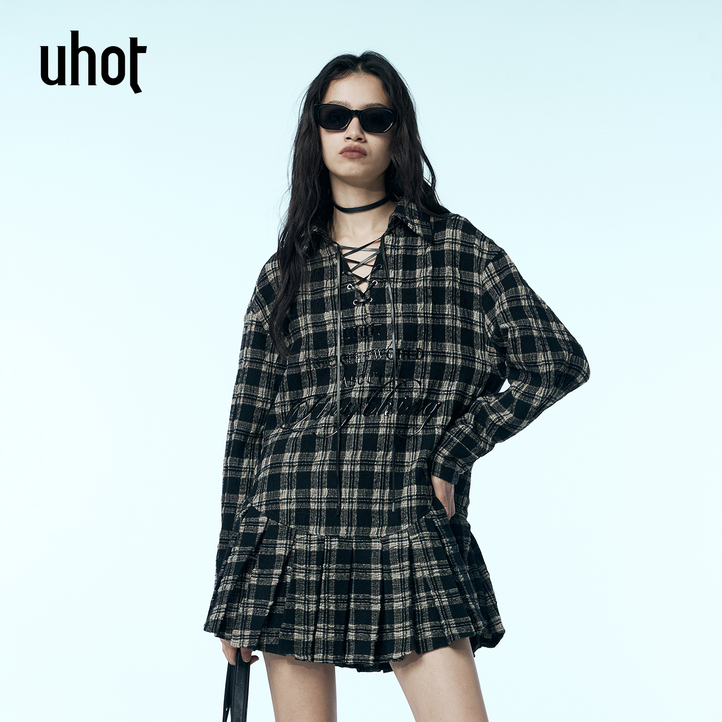 格纹连衣裙女宽松廓形