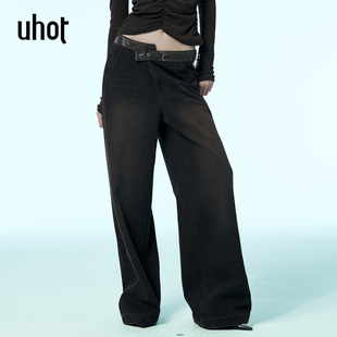 UWWW3K344 休闲优雅大气复古新款 uhot 诱货咖色拼皮水洗阔腿牛仔裤