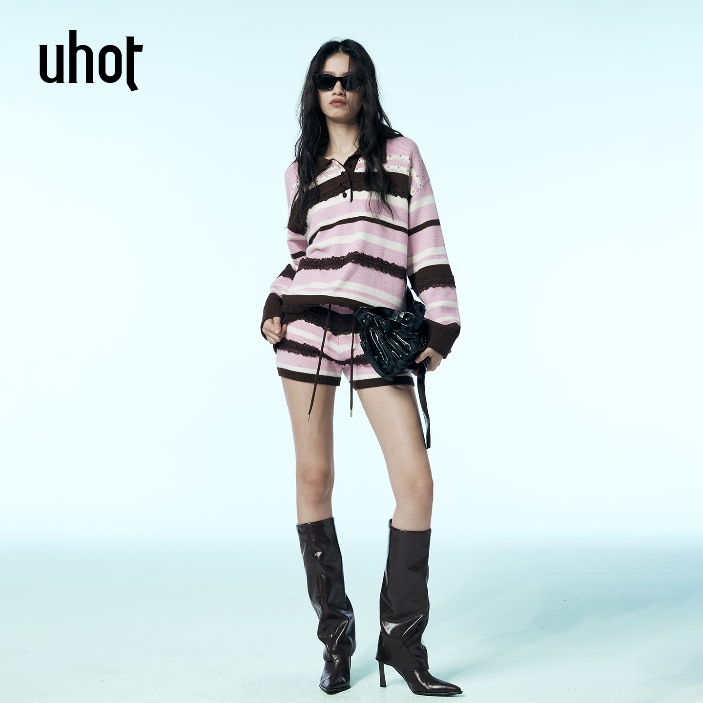 条纹撞色套头羊毛衫+针织羊毛裤