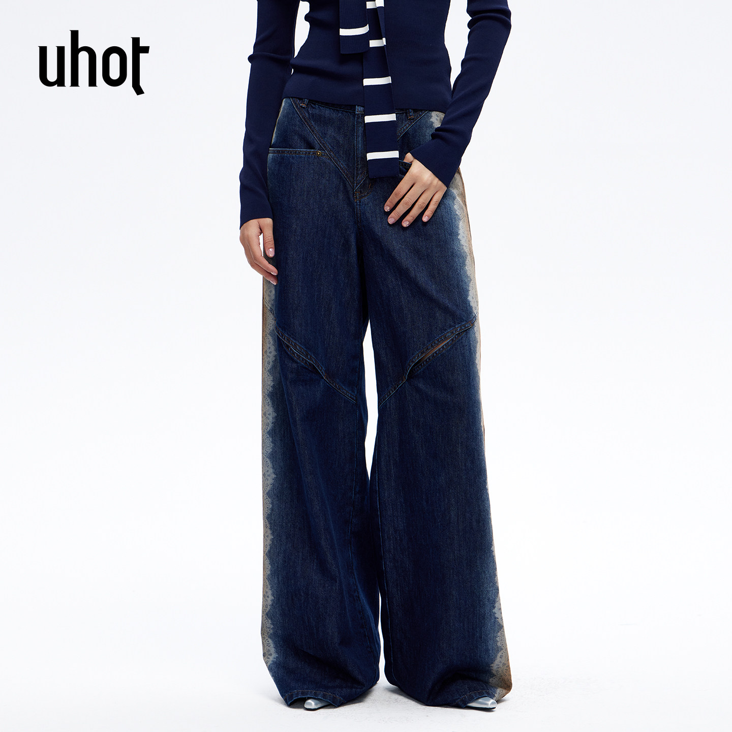 uhot/诱货26春蓝色蕾丝复古印花牛仔裤精致镂空慵懒街头UWLS2K060,女装/女士精品,牛仔裤,淘宝优惠券,粉丝福利购,淘宝优惠卷