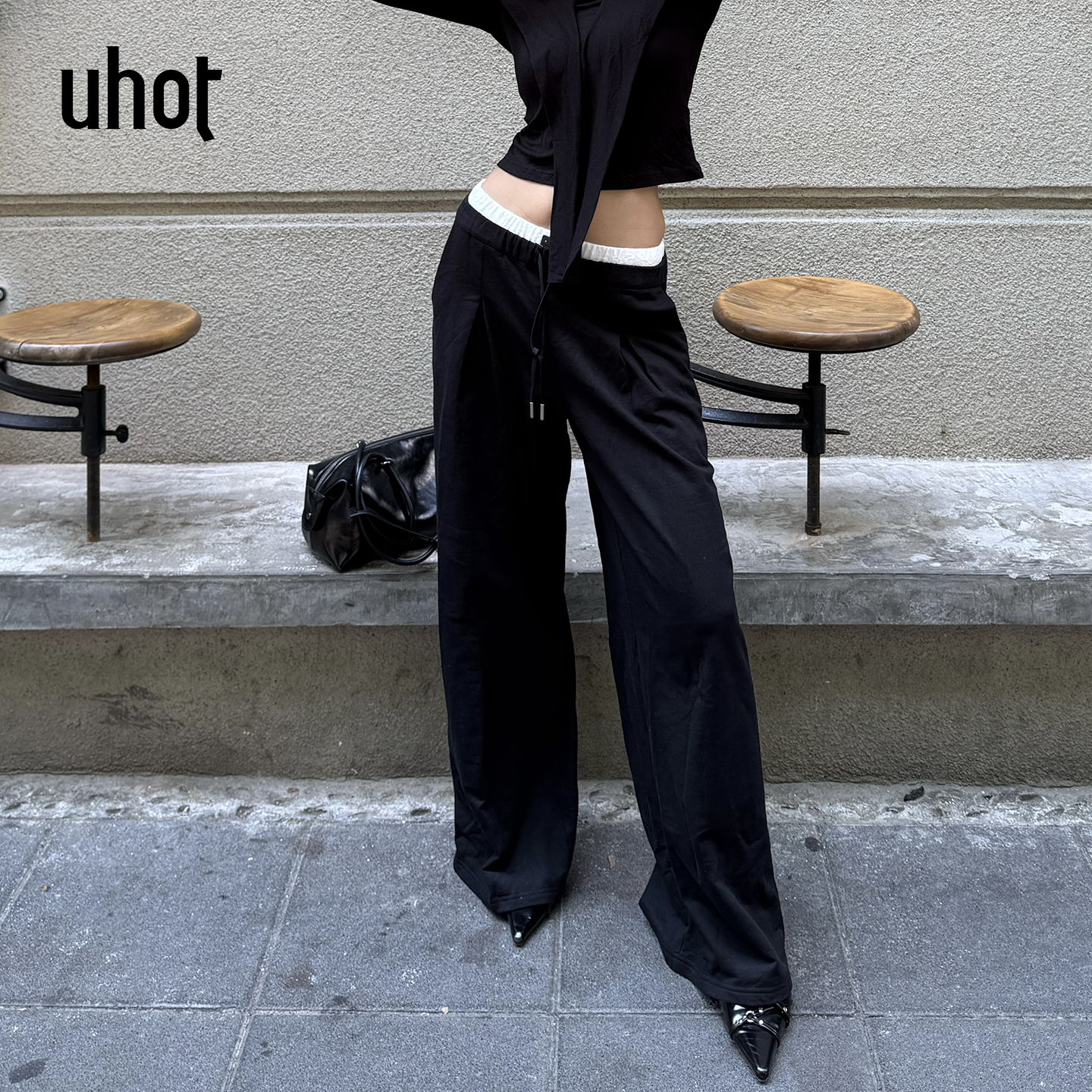 黑色蕾丝拼接双裤腰休闲裤女