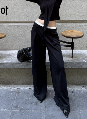 uhot/诱货黑色蕾丝拼接双裤腰休闲裤女宽松显瘦25新款 UWWA3K679M