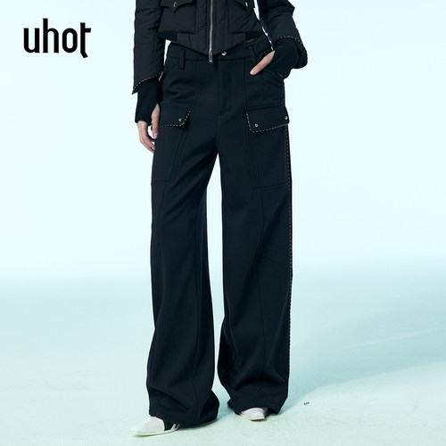 黑色加绒极简阔腿裤女高腰直筒