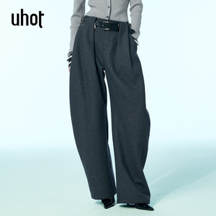 uhot/诱货灰色解构廓形长裤弯刀休闲裤精致酷帅配:腰带UWWW5K346