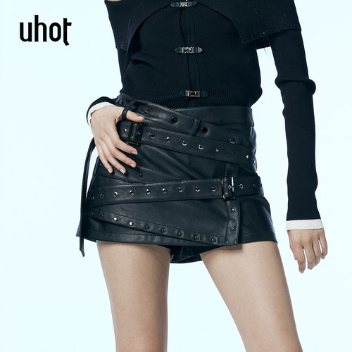 黑色重工铆钉缠带结构A字半裙