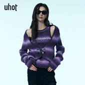 叠穿层次感新款 uhot 诱货紫色渐变假两件条纹镂空针织衫 UWWW2Z199