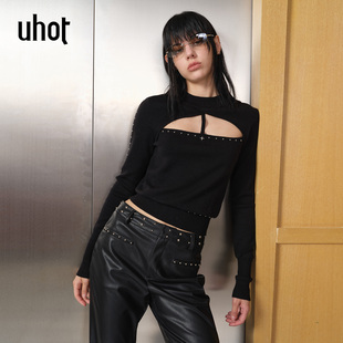 uhot/诱货26冬黑色铆钉半高领镂空针织衫性感辣妹羊毛衫UWLW1Z465