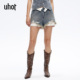 流浪丹宁新款 uhot 诱货26春蓝色破洞毛边假两件牛仔短裤 UWLS2D133