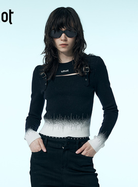 uhot/诱货黑白拼色针织衫细条纹修身短款皮扣镂空25新款UWWW6Z203