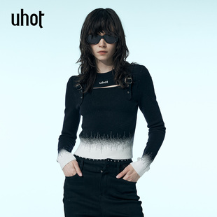 皮扣镂空25新款 uhot 短款 细条纹修身 UWWW6Z203 诱货黑白拼色针织衫