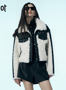 uhot/诱货黑白撞色时髦毛绒系翻领皮毛一体短外套25新款UWWW1W187