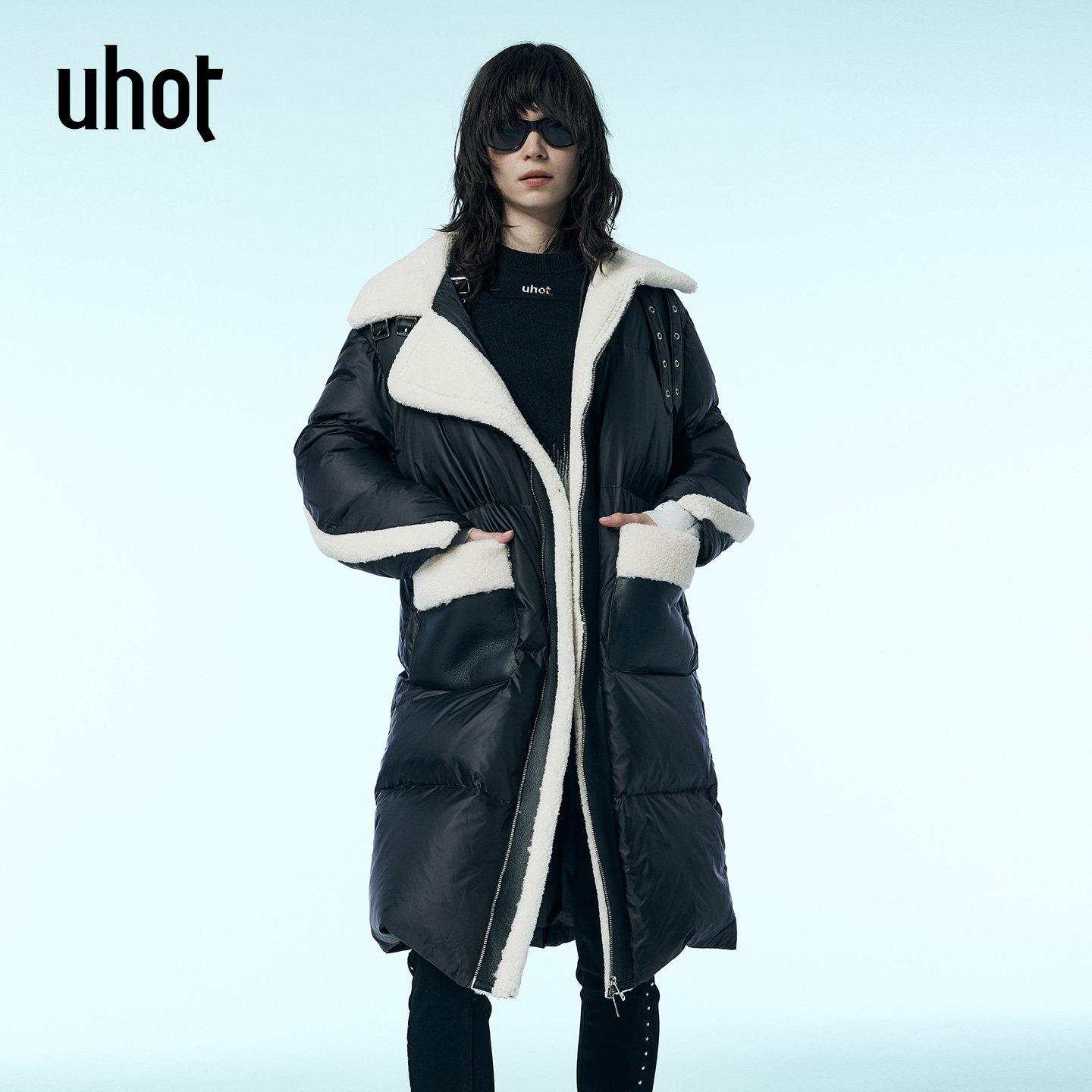 uhot/诱货黑白撞色毛领H型廓形鹅绒服女超长过膝羽绒服 UWWW2W432,女装/女士精品,羽绒服,淘宝优惠券,粉丝福利购,淘宝优惠卷